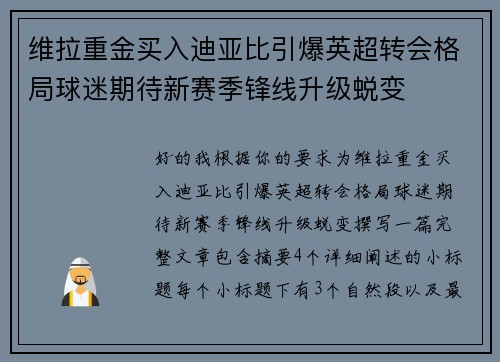 维拉重金买入迪亚比引爆英超转会格局球迷期待新赛季锋线升级蜕变
